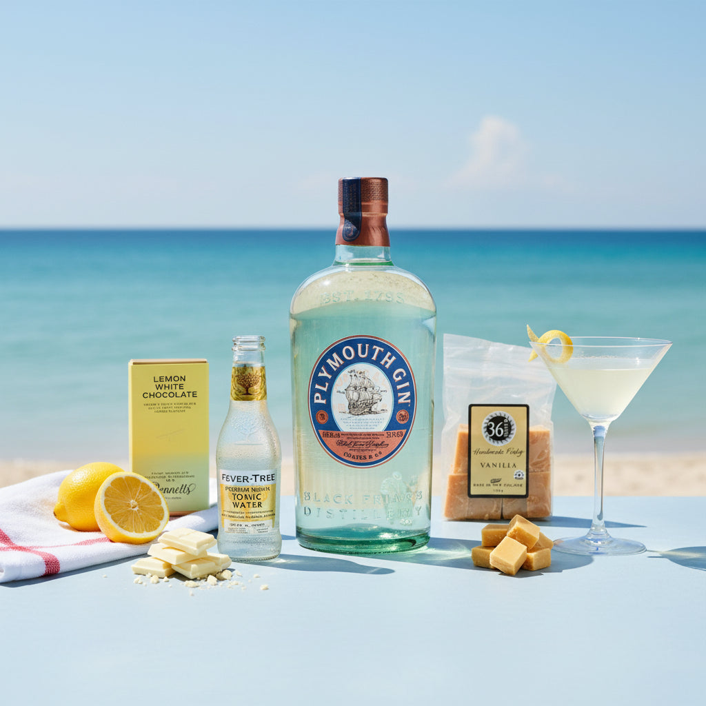 Load image into Gallery viewer, Plymouth Gin bottle with lemon, tonic water, fudge, chocolate and a cocktail on a beach setting