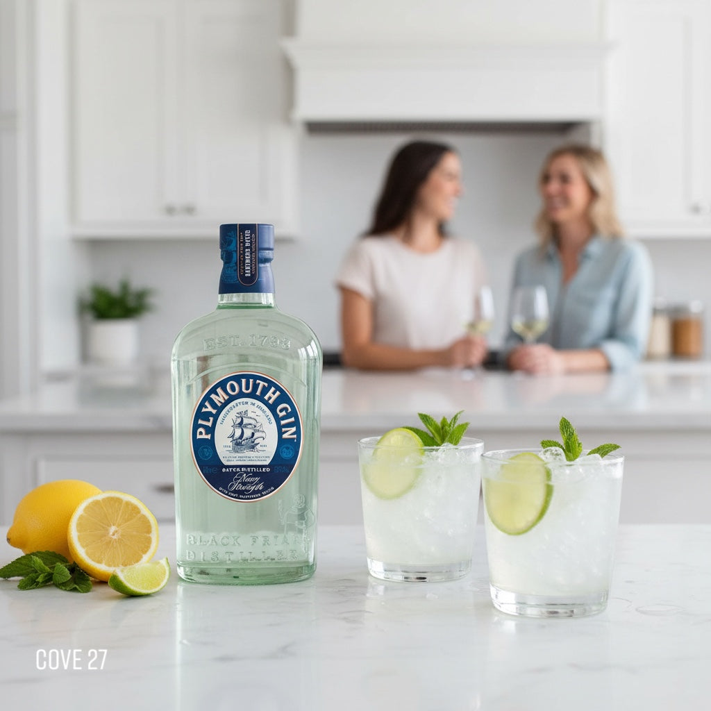 Load image into Gallery viewer, Plymouth Navy Strength Gin bottle with two cocktails on a kitchen counter, people in the background