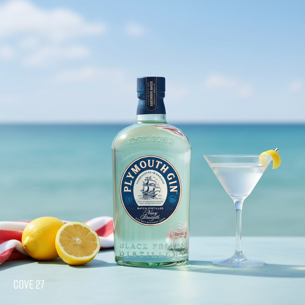 Load image into Gallery viewer, Bottle of Plymouth Navy Strength Gin with a cocktail and lemons on a beach setting