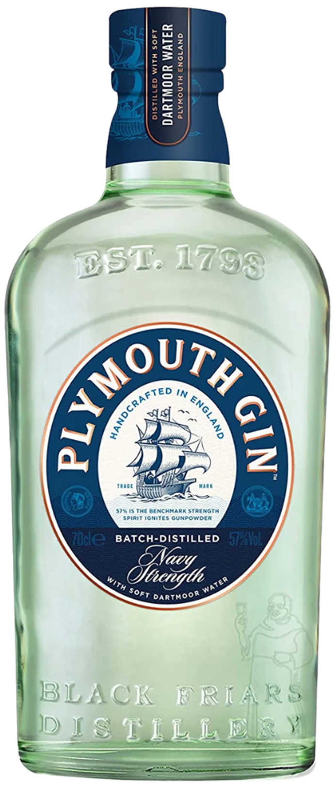 Load image into Gallery viewer, Plymouth Navy Gin bottle with blue label and cap on a white background