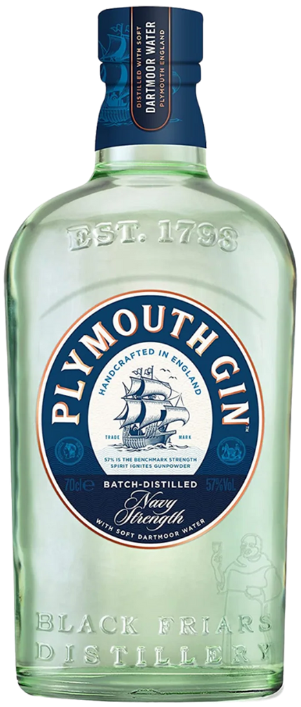 Plymouth Navy Gin bottle with blue label and cap on a white background