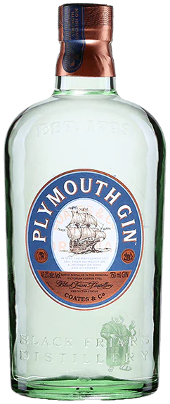 Bottle of Plymouth Gin with a blue label featuring a ship illustration.