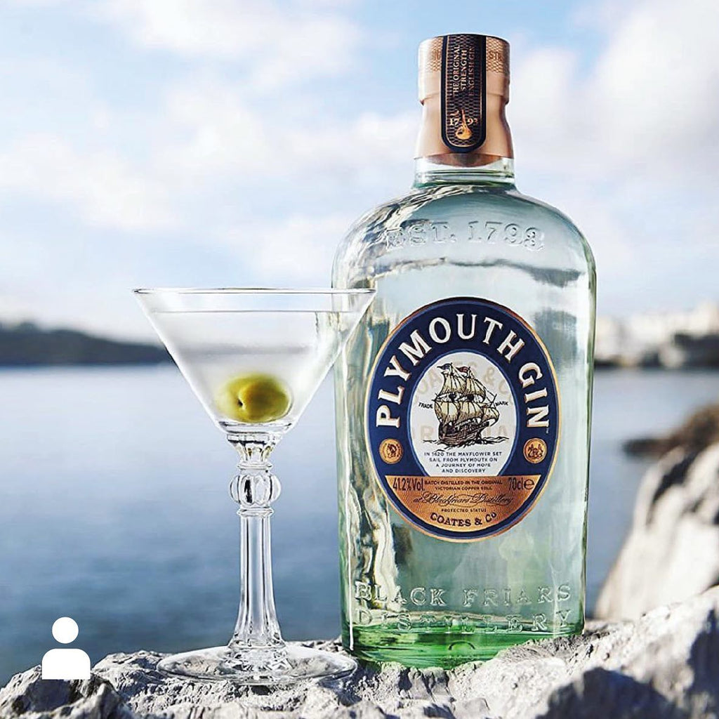 Bottle of Plymouth Gin with a cocktail glass containing a green olive by a waterfront.