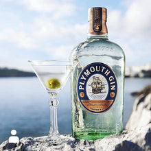 Load image into Gallery viewer, Bottle of Plymouth Gin with a cocktail glass containing a green olive by a waterfront.