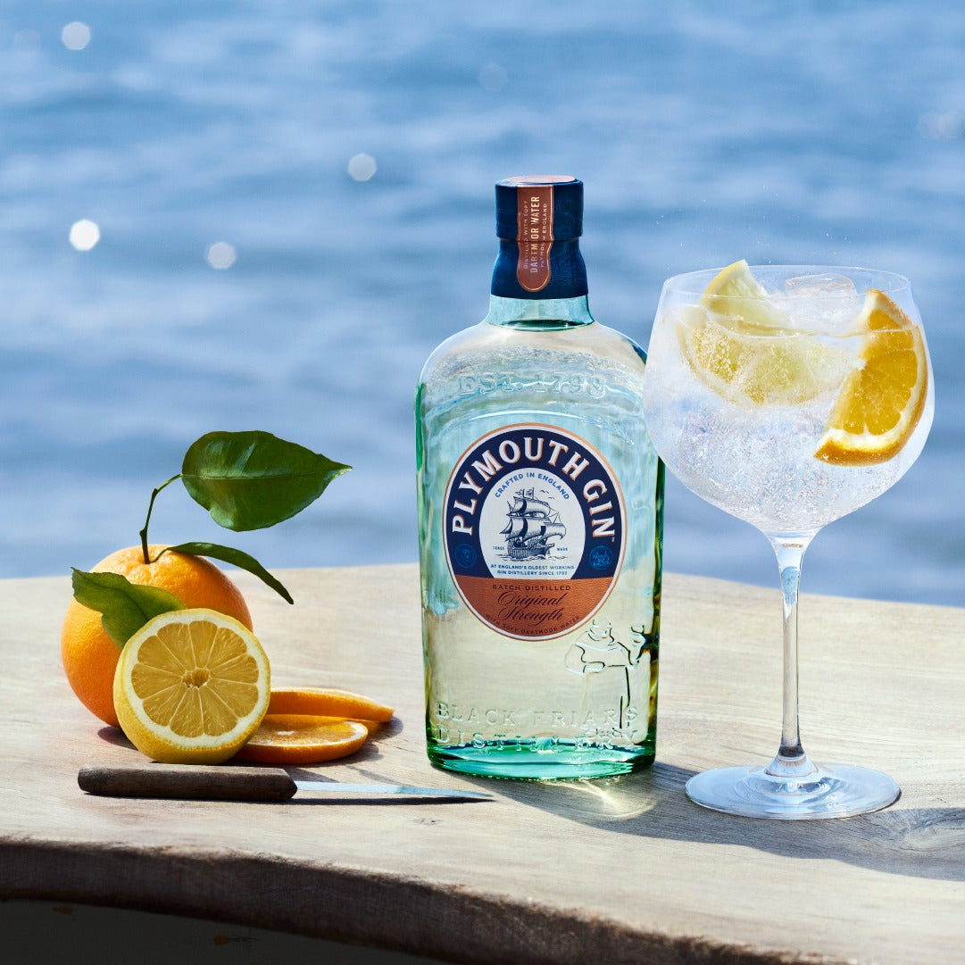 Load image into Gallery viewer, Plymouth Gin bottle with a cocktail and citrus fruits by a body of water