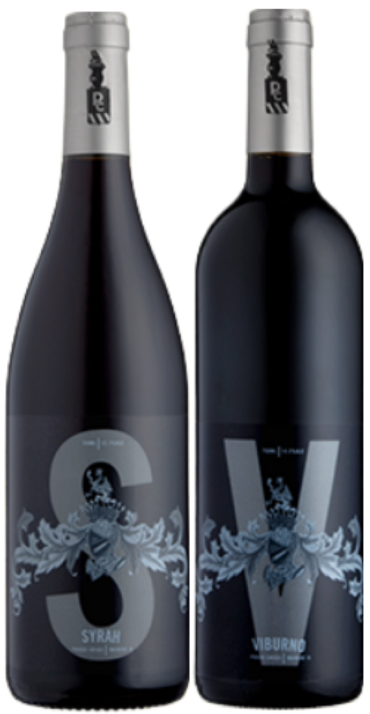 Bottles of Poderi Crisci Syrah and Viburno Red wines next to each other on a  white backgorund