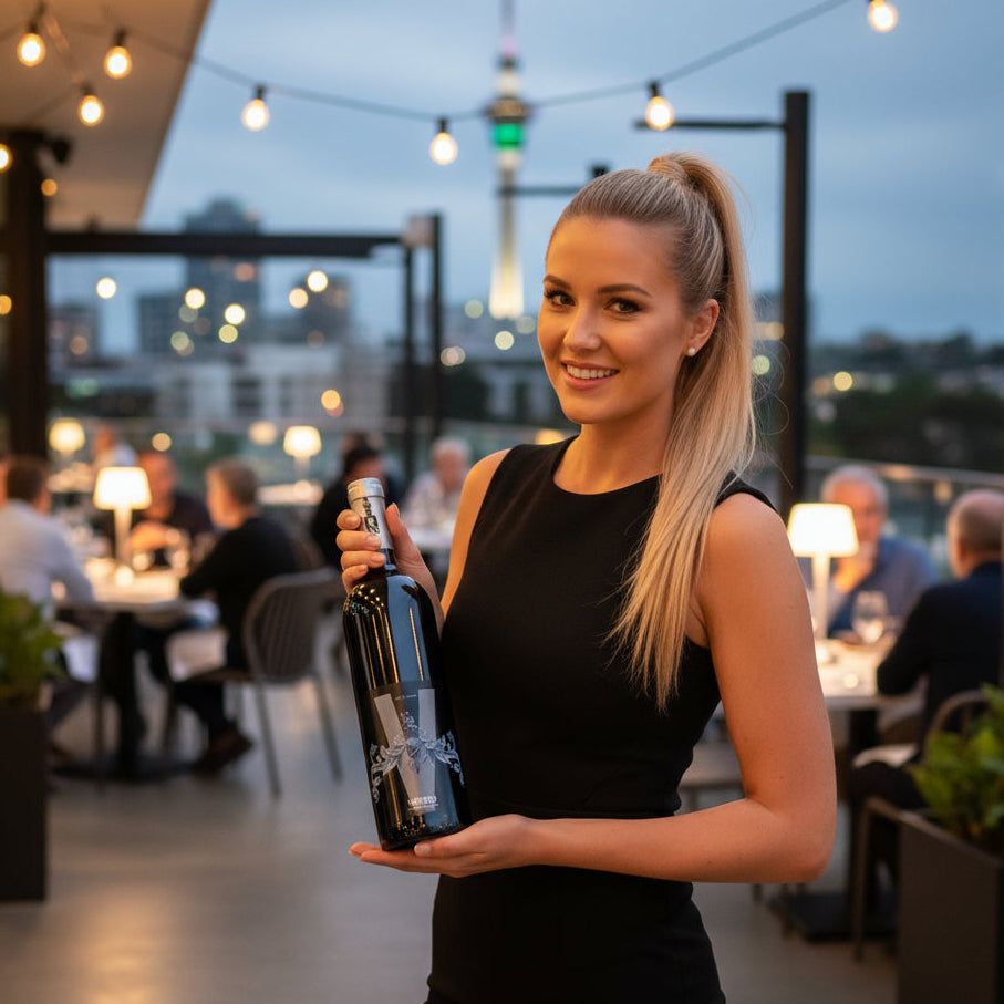 Bottle of Poderi Crisci Viburno red wine being held by a waitress in an Auckland restaurant