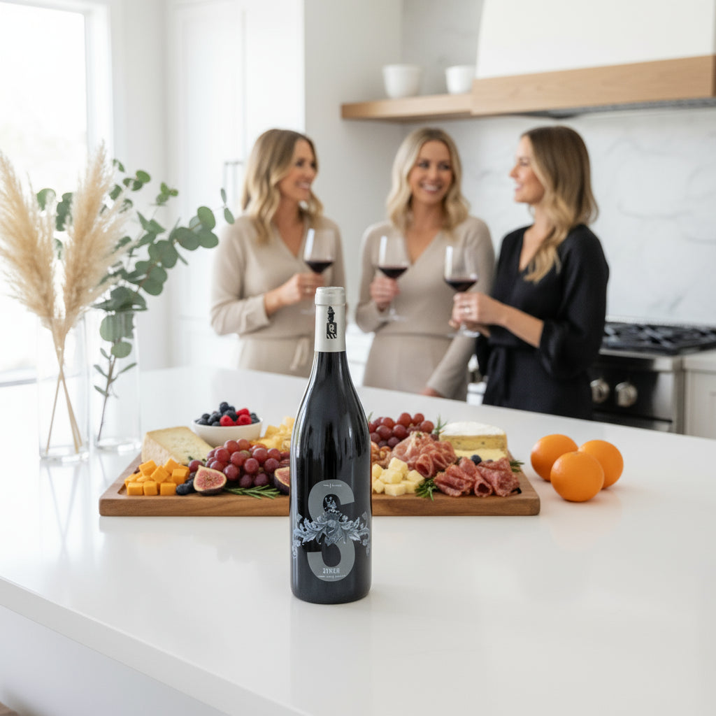 Three women enjoying a bottle of Poderi Crisci Syrah wine in a kitchen with a bottle of wine on the counter.