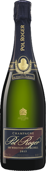 Pol Roger Cuvee Sir Winston Churchill champagne bottle with a dark green label and gold accents