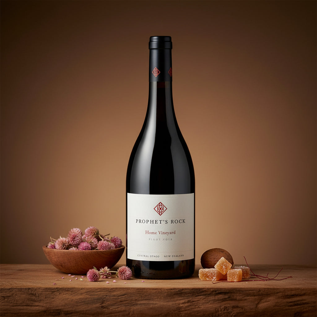 Load image into Gallery viewer, A bottle of Prophet’s Rock Home Vineyard Pinot Noir red wine stands on a rustic wooden table against a warm brown gradient background. The bottle is styled with a small wooden bowl of dried pink flowers, scattered flower petals, a brown date, and pieces of orange jasper candy.