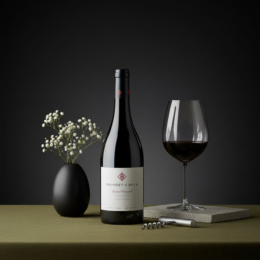 Load image into Gallery viewer, A bottle of Prophet’s Rock Home Vineyard Pinot Noir red wine  stands on a table beside a filled wine glass, a small black vase with white flowers, and a corkscrew against a dark studio background.