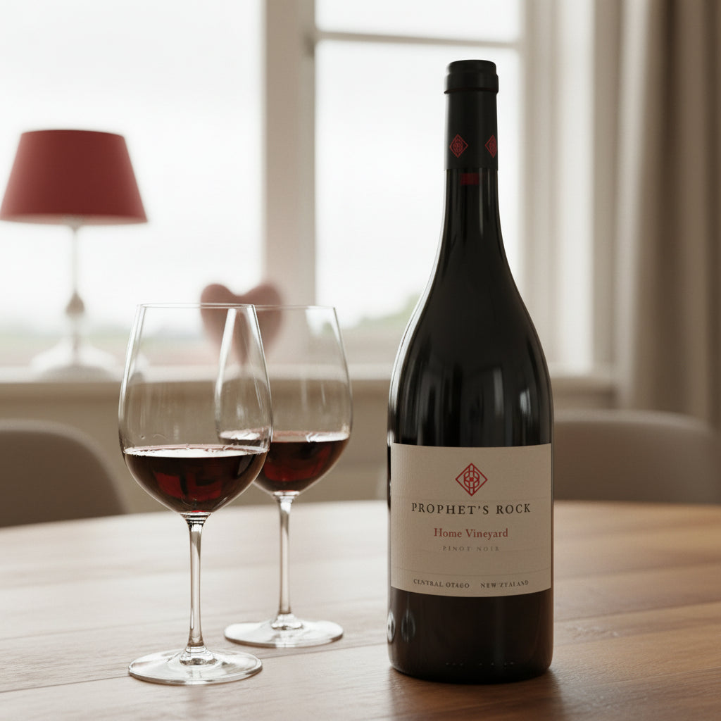 Load image into Gallery viewer, A bottle of Prophet’s Rock Home Vineyard Pinot Noir stands on a wooden bench next to two glasses of red wine.