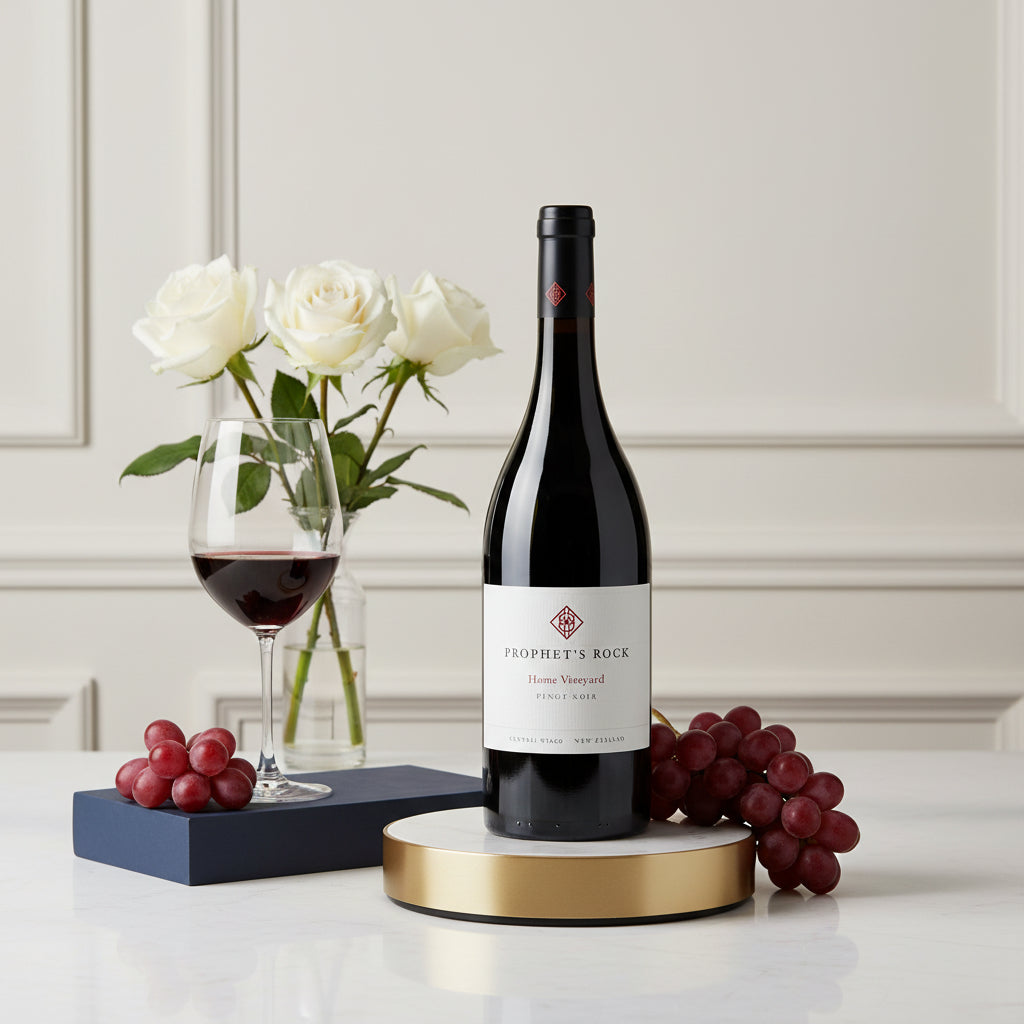 Load image into Gallery viewer, A bottle of Prophet’s Rock Home Vineyard Pinot Noir red wine stands on a round gold-and-white pedestal on a white table, with a glass of red wine, white roses in a vase, and clusters of red grapes arranged around it against a light panelled wall.