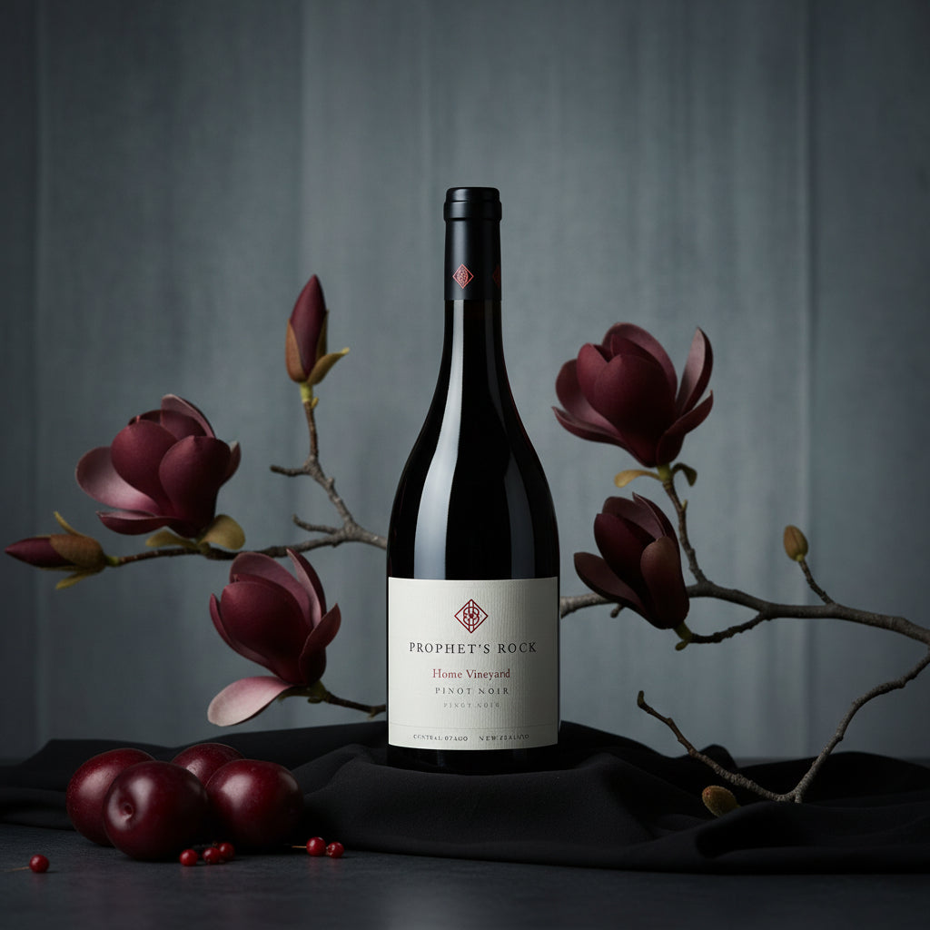 Load image into Gallery viewer, A bottle of Prophet’s Rock Home Vineyard Pinot Noir red wine stands on a dark cloth, framed by dark red magnolia branches and red plums against a dark grey background.