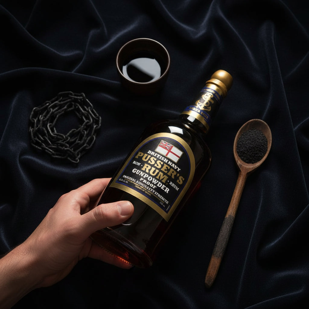 Load image into Gallery viewer, Bottle of Pusser’s Gunpowder Proof Rum on a dark fabric background with a hand holding the bottle.