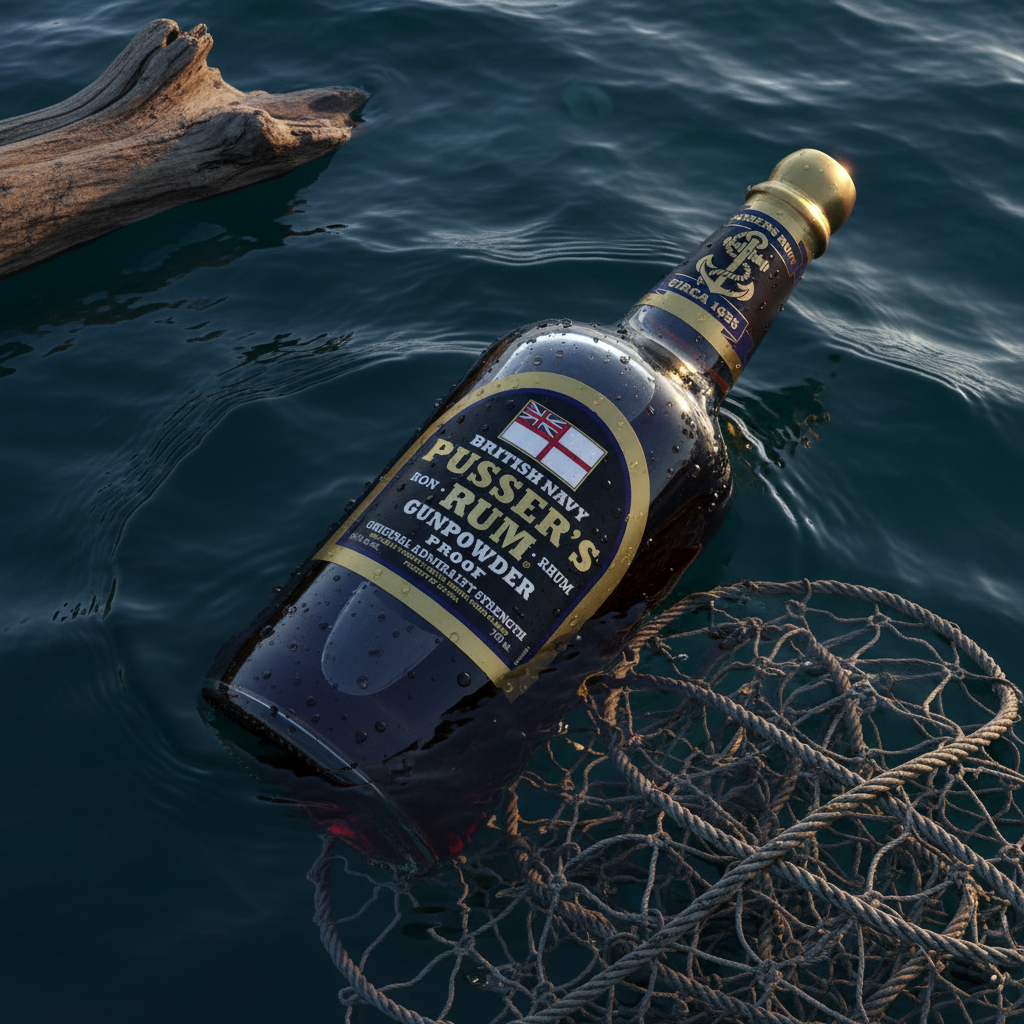 Load image into Gallery viewer, Bottle of Pusser’s Gunpowder Proof Rum in the water with a net and driftwood.