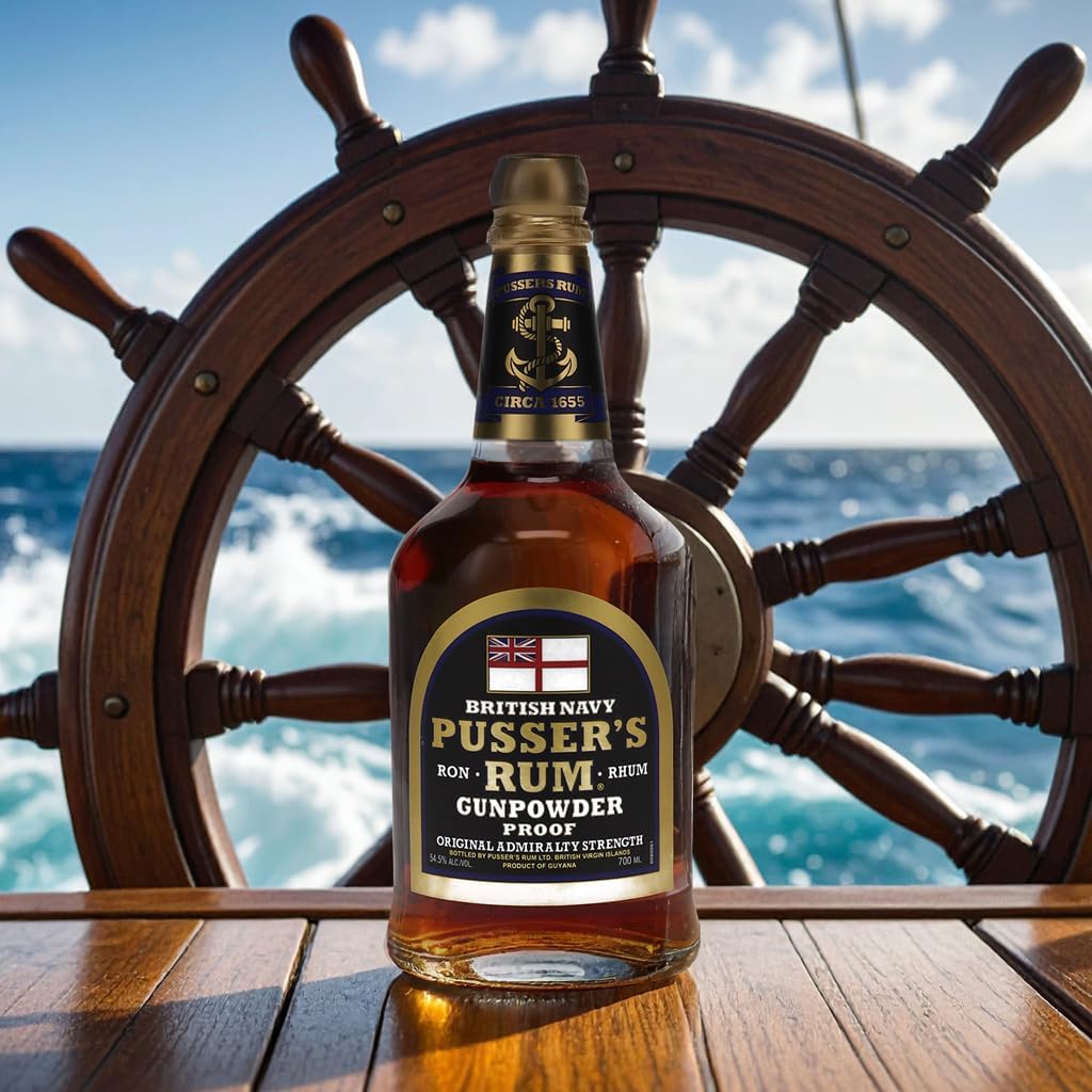 Load image into Gallery viewer, Bottle of Pusser’s Gunpowder Proof Rum in front of a ship's wheel with ocean view