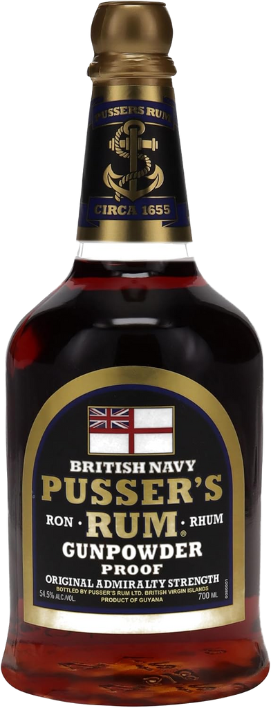 Bottle of Pusser’s Gunpowder Proof Rum with a label on a white background