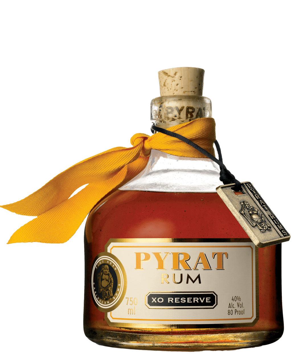 Load image into Gallery viewer, Bottle of Pyrat XO Reserve Rum with a yellow ribbon on a white background