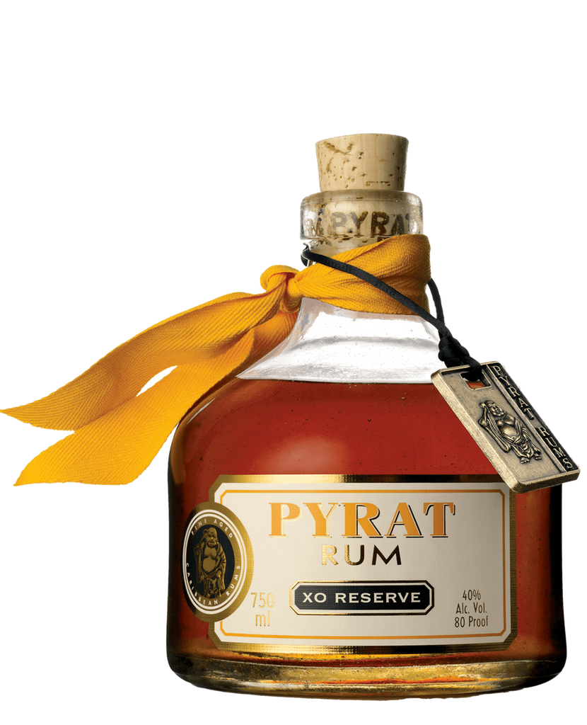 Bottle of Pyrat XO Reserve Rum with a yellow ribbon on a white background