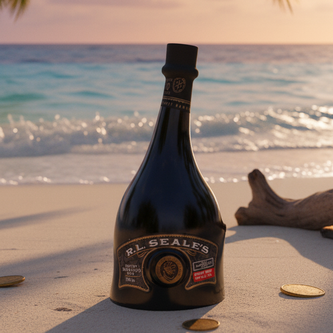 Load image into Gallery viewer, Bottle of R.L. Seale's on a beach with ocean in the background