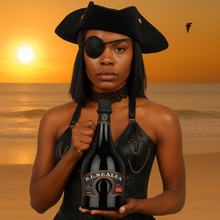 Load image into Gallery viewer, Woman in pirate woman holding a bottle of RL Seale rum with sunset and beach background