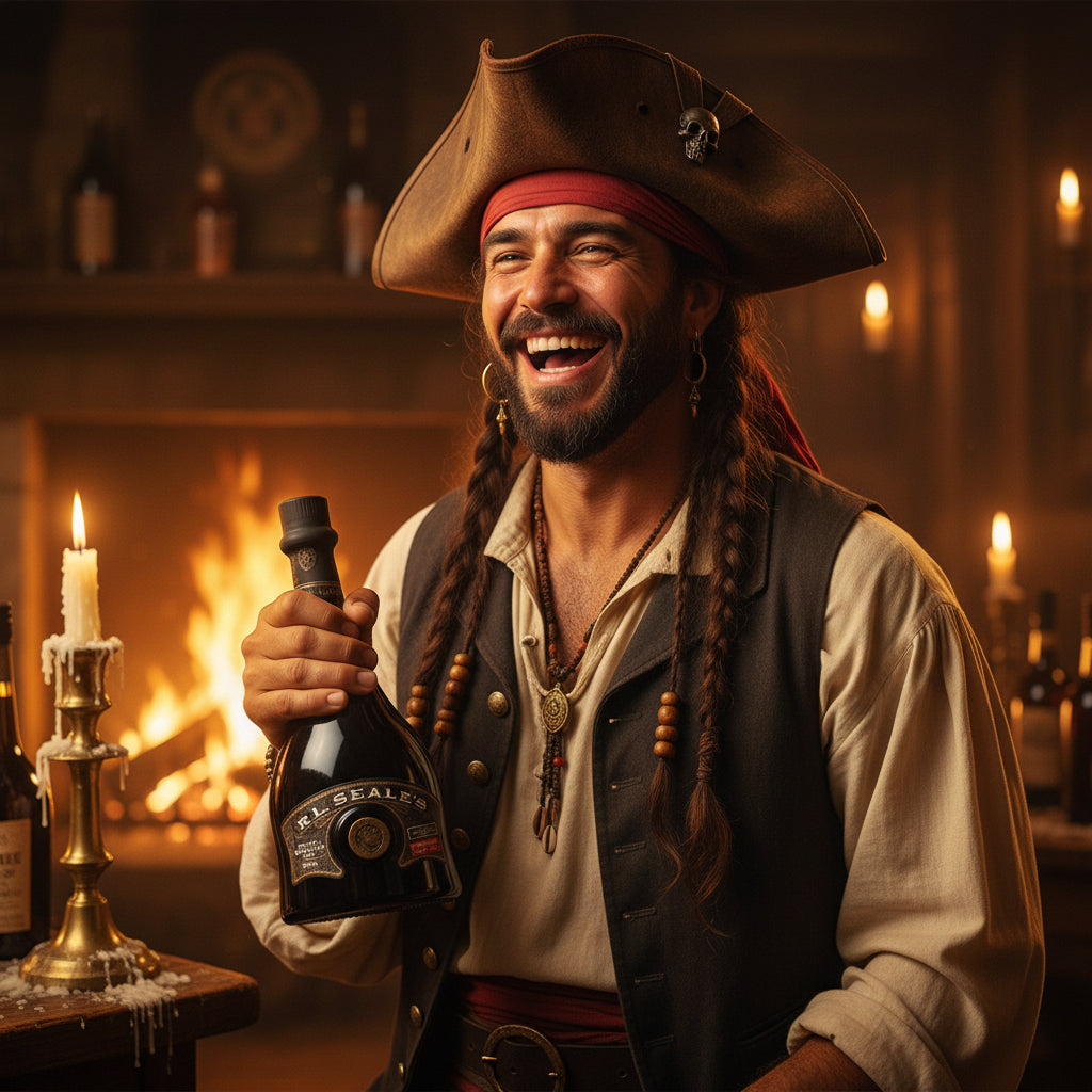 Load image into Gallery viewer, Man in pirate costume holding a bottle of RL Seale's rum in a cozy room with candles and a fireplace.