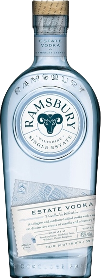 Ramsbury Estate Vodka bottle with a blue label on a white background