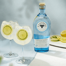Load image into Gallery viewer, Bottle of Ramsay Vodka with two gin cocktails and lemon slices on a neutral background