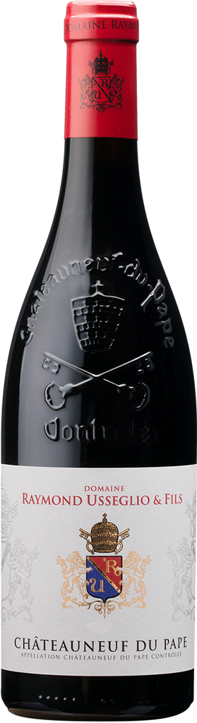 Raymond-Usseglio-Fils-Chateauneuf-du-Pape bottle with a red cap and visible label on a white background