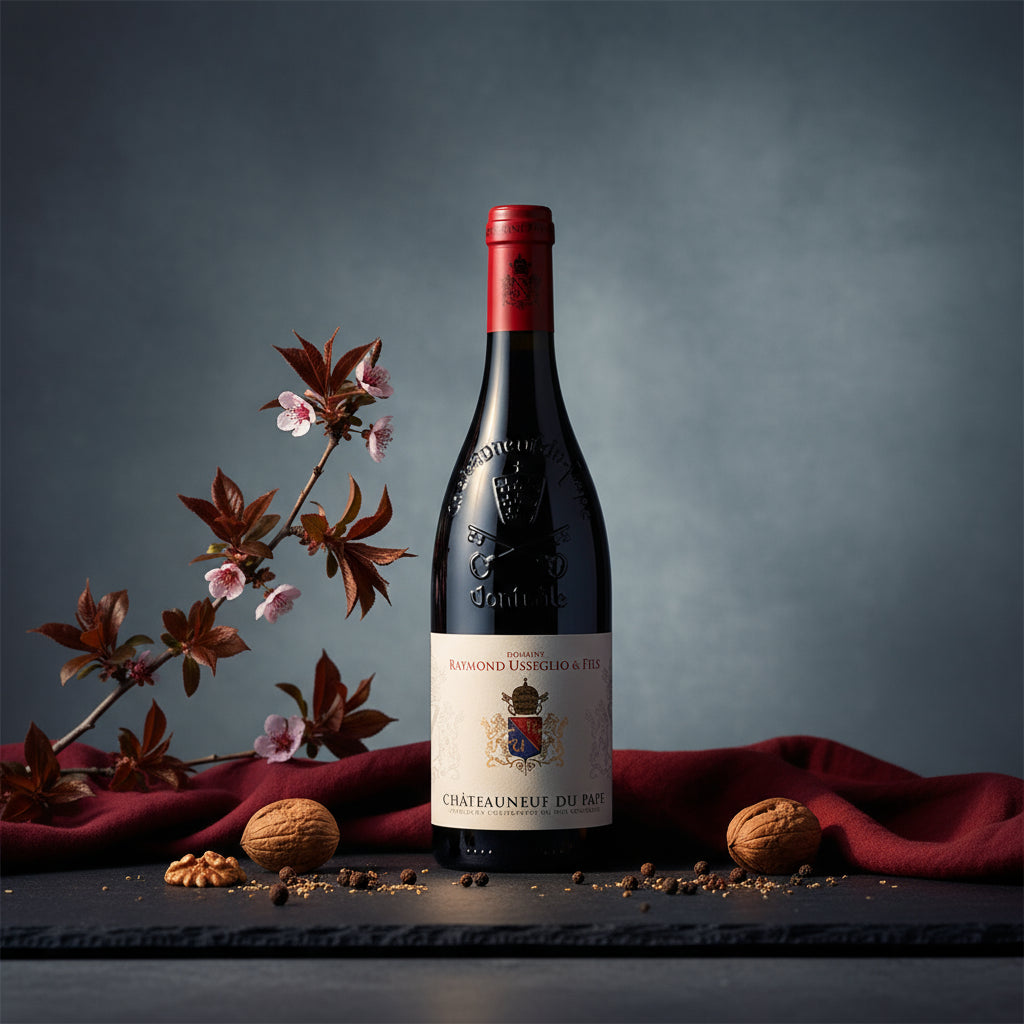 A bottle of Raymond Usseglio Fils Chateauneuf du Pape wine on a dark surface with a red cloth and decorative elements.