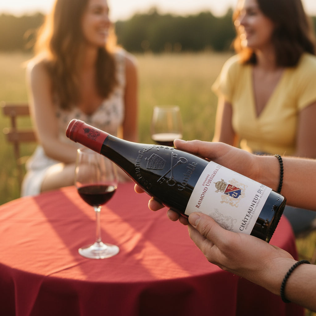 Person holding a bottle of Raymond Usseglio Fils Chateauneuf du Pape wine with two women in the background at sunset.