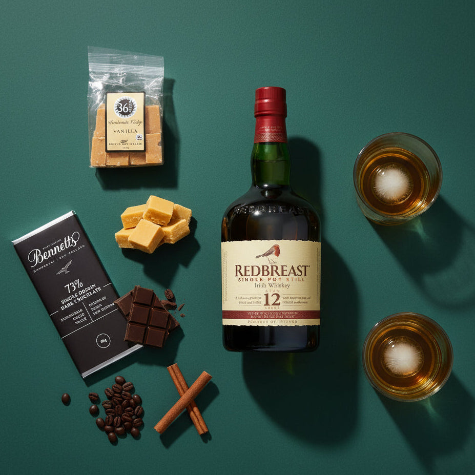 Load image into Gallery viewer, Redbreast whiskey bottle with chocolate, coffee, and a glass on a green background