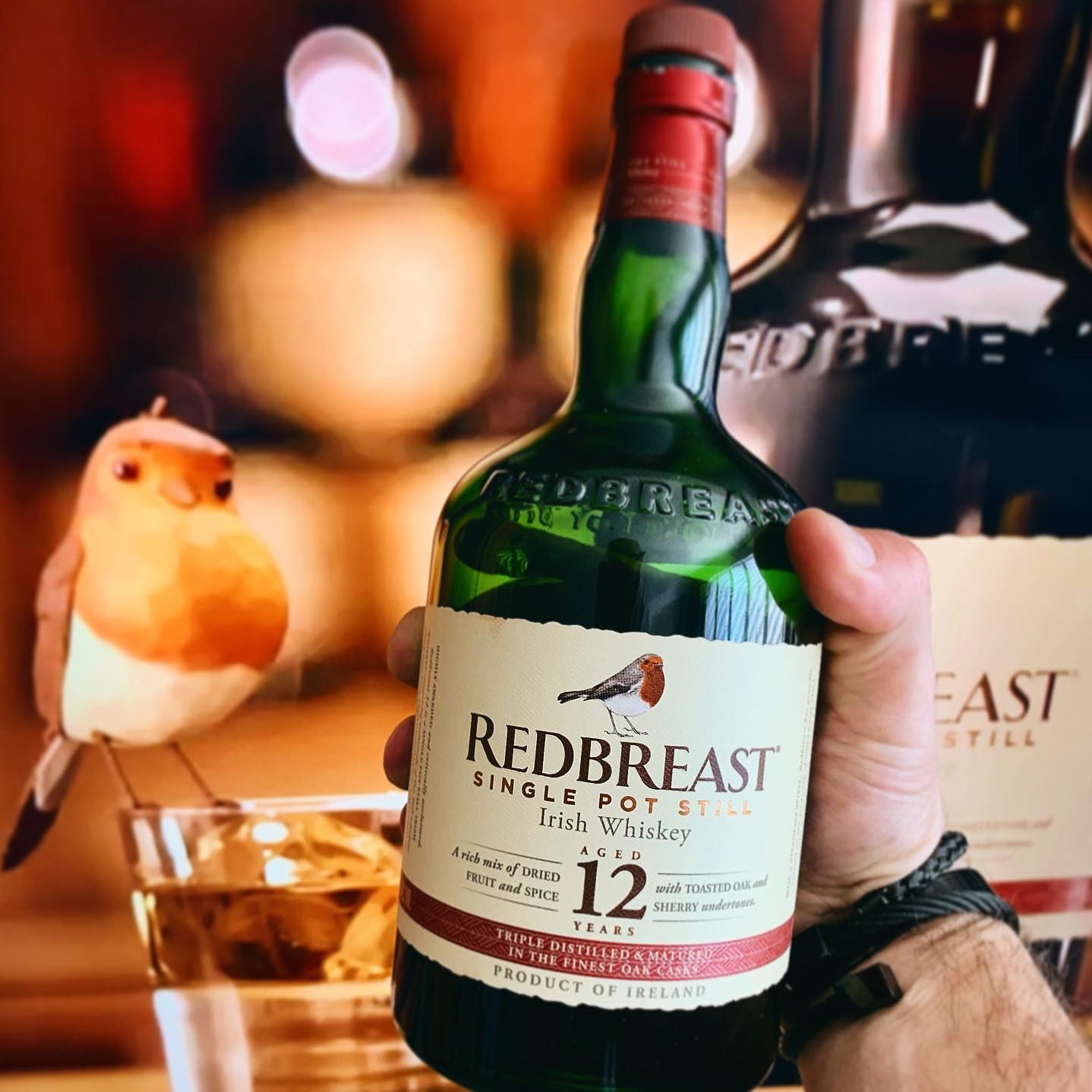 Load image into Gallery viewer, A hand holding a bottle of Redbreast whiskey with a bird in the background