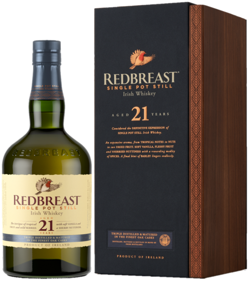 Load image into Gallery viewer, An image of a bottle of Redbreast 21 year old Irish Whiskey next to it's handsome gift box