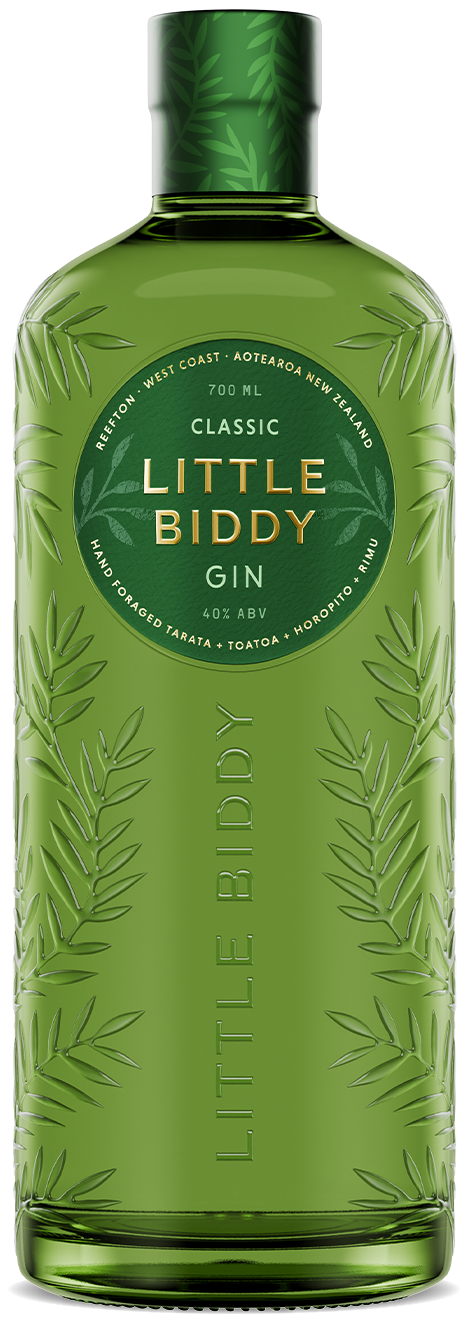 An image of the new designed bottle of Little Biddy Classic Gin by Reefton Distilling Co. A Kiwi favourite gin.