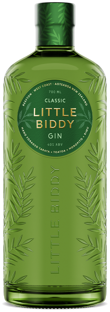 An image of the new designed bottle of Little Biddy Classic Gin by Reefton Distilling Co. A Kiwi favourite gin.