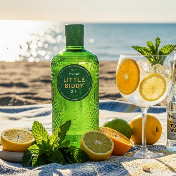 Green bottle of Little Biddy Gin with a glass of gin and tonic on a beach.
