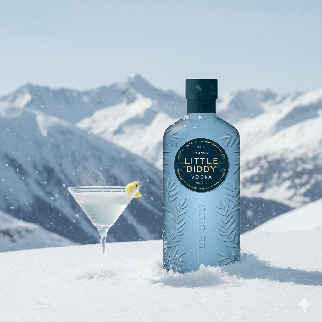 Load image into Gallery viewer, Bottle of Little Biddy Vodka in the snow with a cocktail in the foreground and mountains in the background