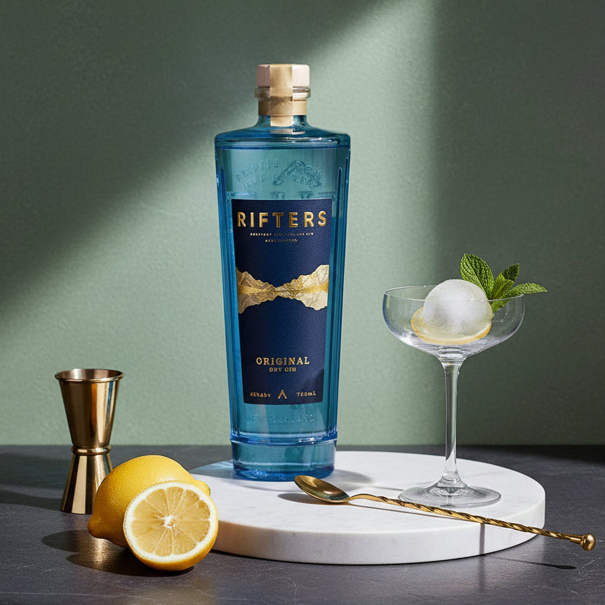 Load image into Gallery viewer, Blue bottle of Rifters Original Dry Gin with a cocktail glass, lemon, and jigger on a dark surface.