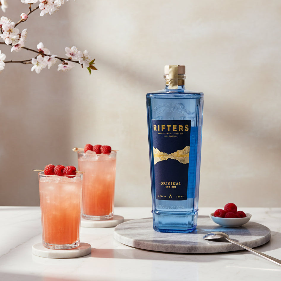 Load image into Gallery viewer, Bottle of Rifters Original Dry Gin with two cocktails and berries on a marble surface.