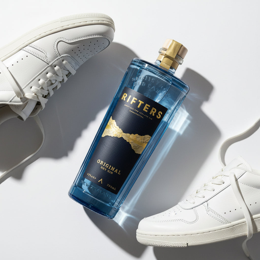 Load image into Gallery viewer, Rifters Original Dry Gin bottle with white sneakers on a light background