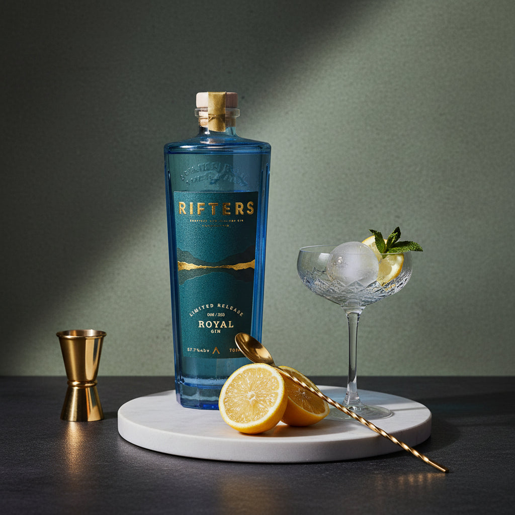Load image into Gallery viewer, Bottle of Rifters Royal Navy Strength Gin with a cocktail setup on a dark surface.