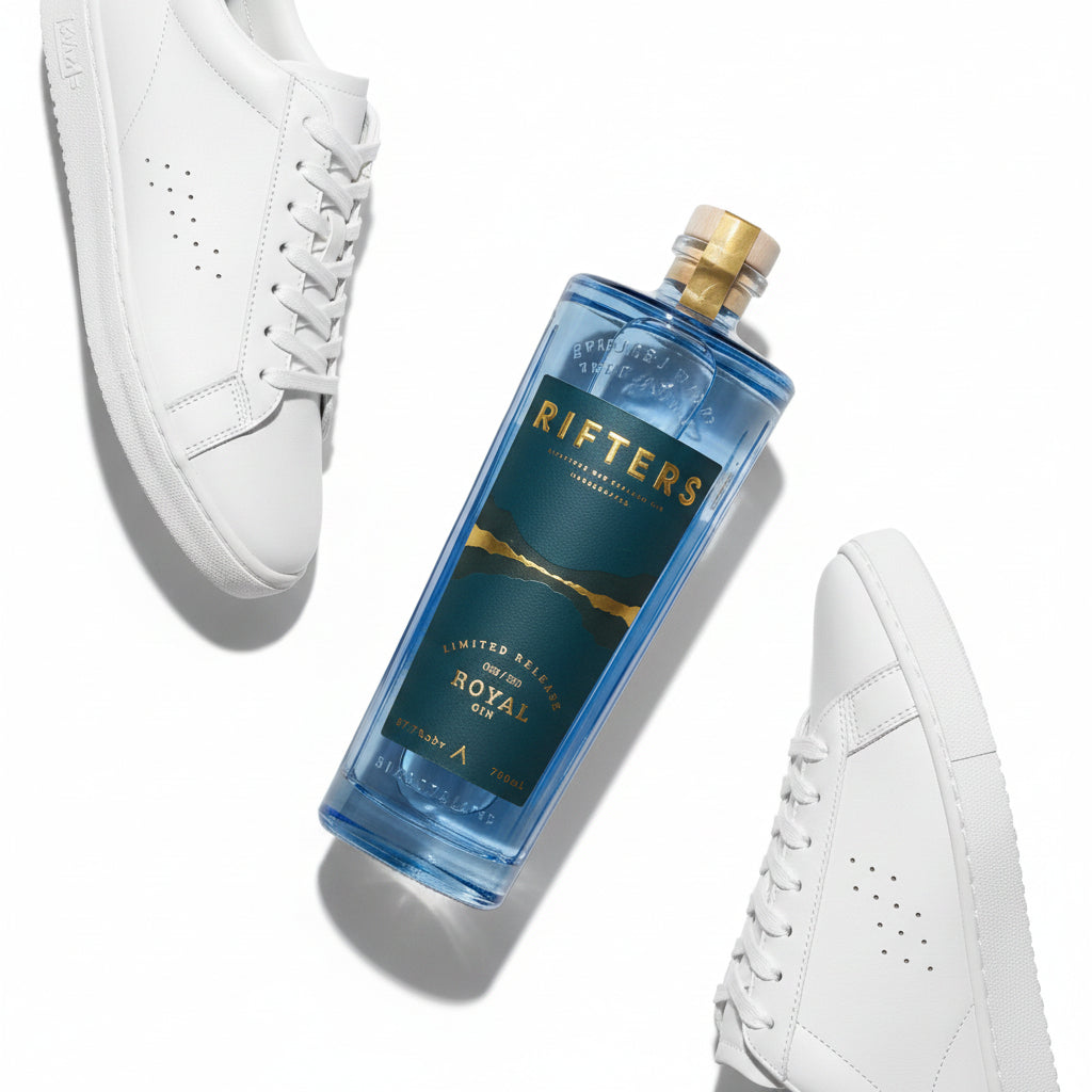 Load image into Gallery viewer, Bottle of Rifters Royal Navy Strength Gin with white sneakers on a light grey background