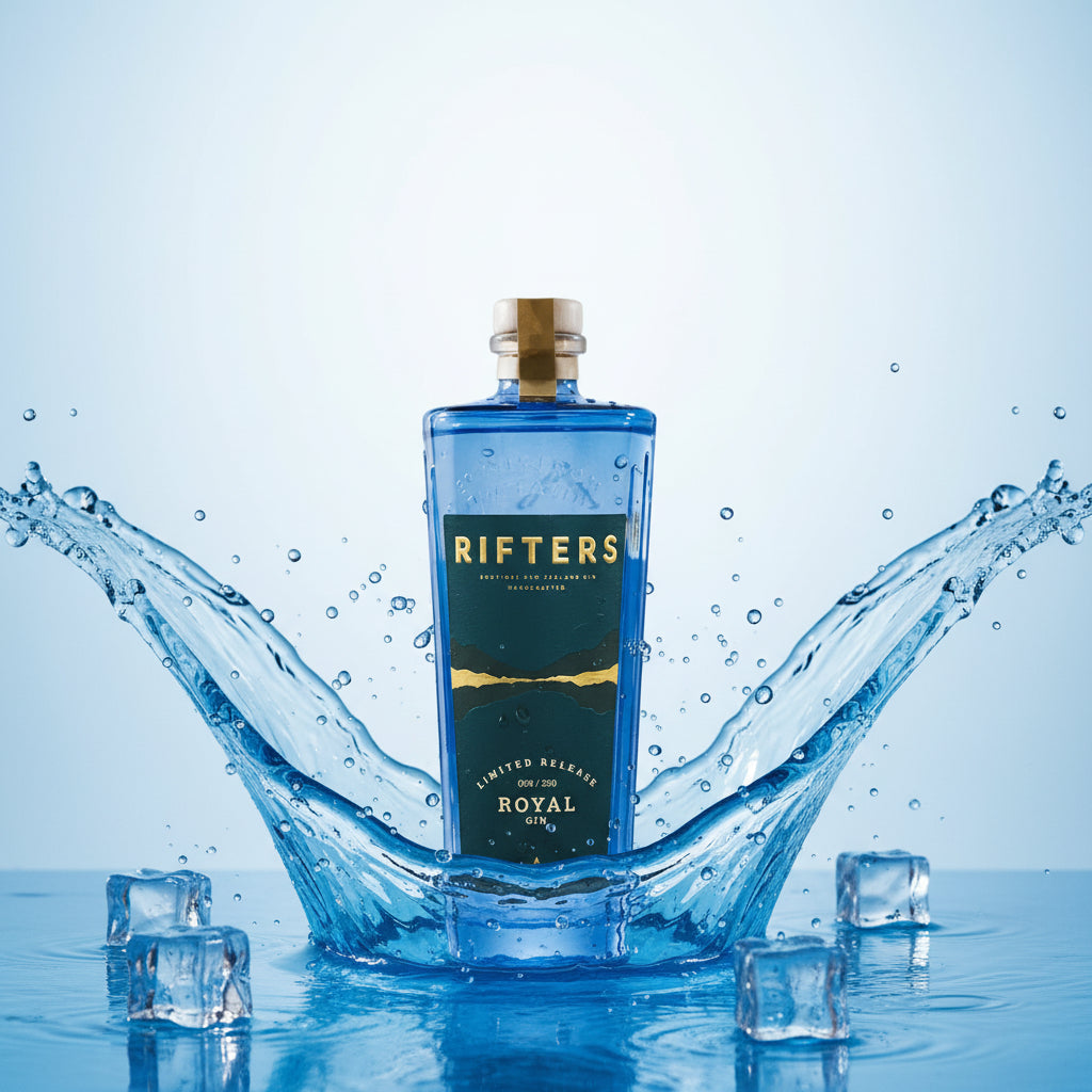 Load image into Gallery viewer, Bottle of Rifters Royal Navy Strength Gin surrounded by water splashes on a light blue background