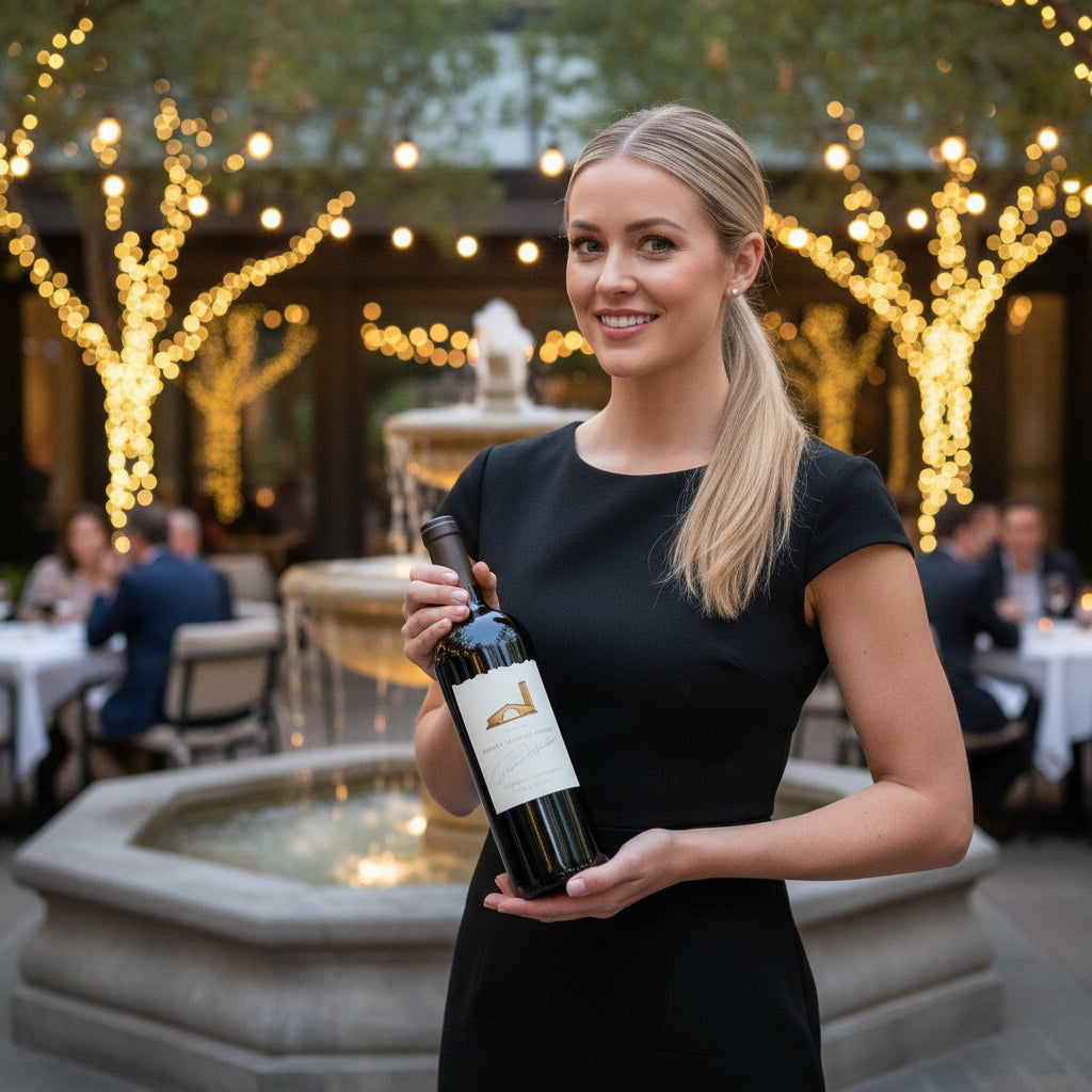Load image into Gallery viewer, Woman holding a Robert Mondavi_Napa Cabernet Sauvignon wine bottle in an outdoor setting with decorative lights and people in the background