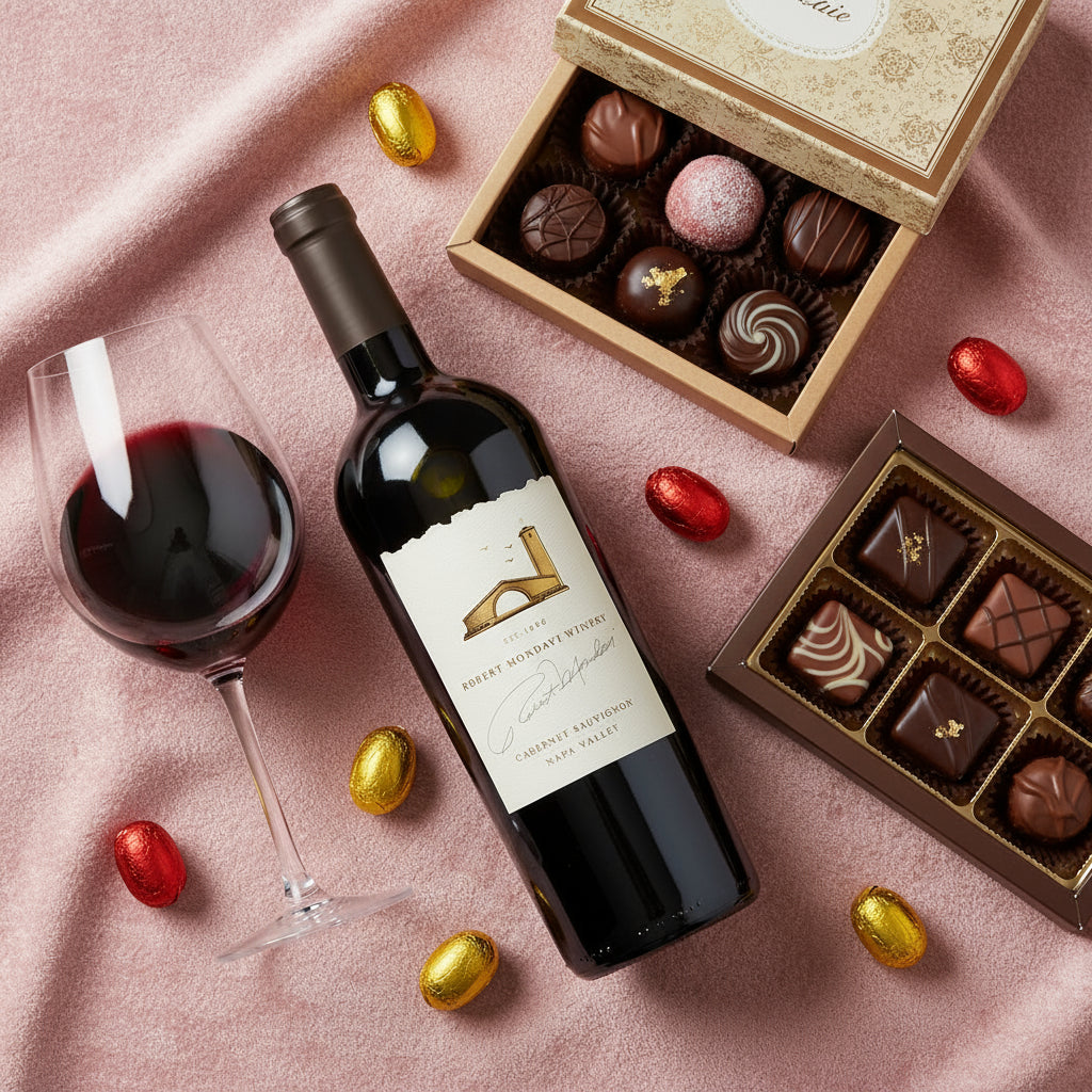 Bottle of Mondavi_Napa Cabernet Sauvignon wine with a glass, chocolate truffles, and candies on a pink surface