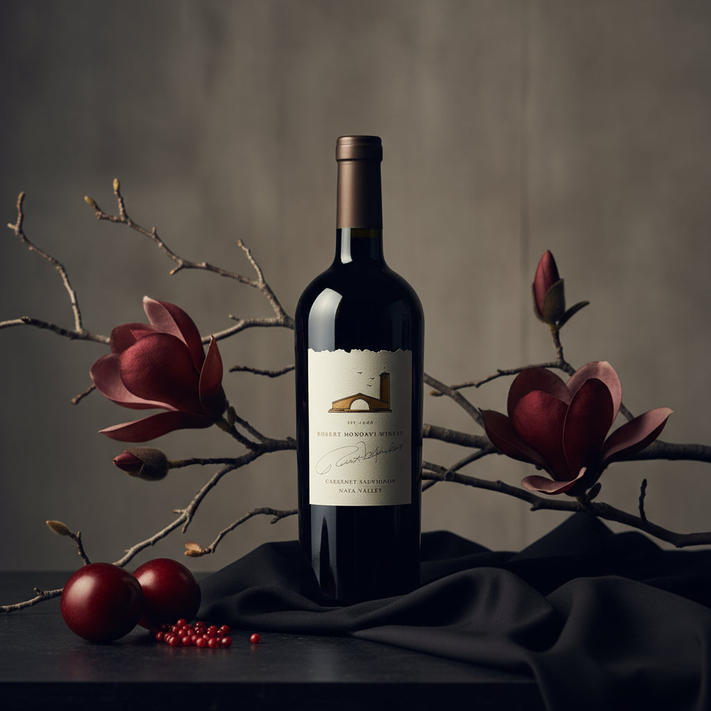 Mondavi_Napa Cabernet Sauvignon wine bottle with a label on a dark surface with floral branches and fruits.