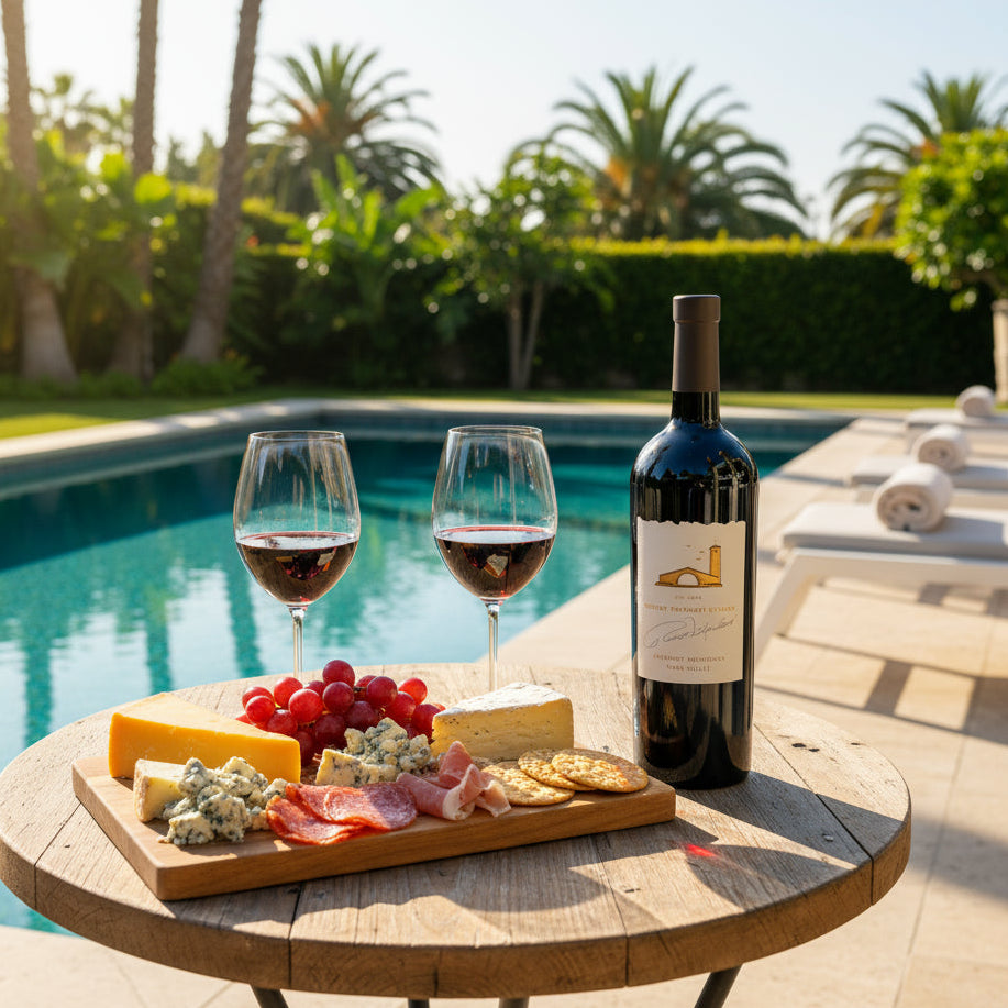 Table by a pool with a charcuterie board, Robert Mondavi Napa Cabernet Sauvignon wine, and glasses on a sunny day.