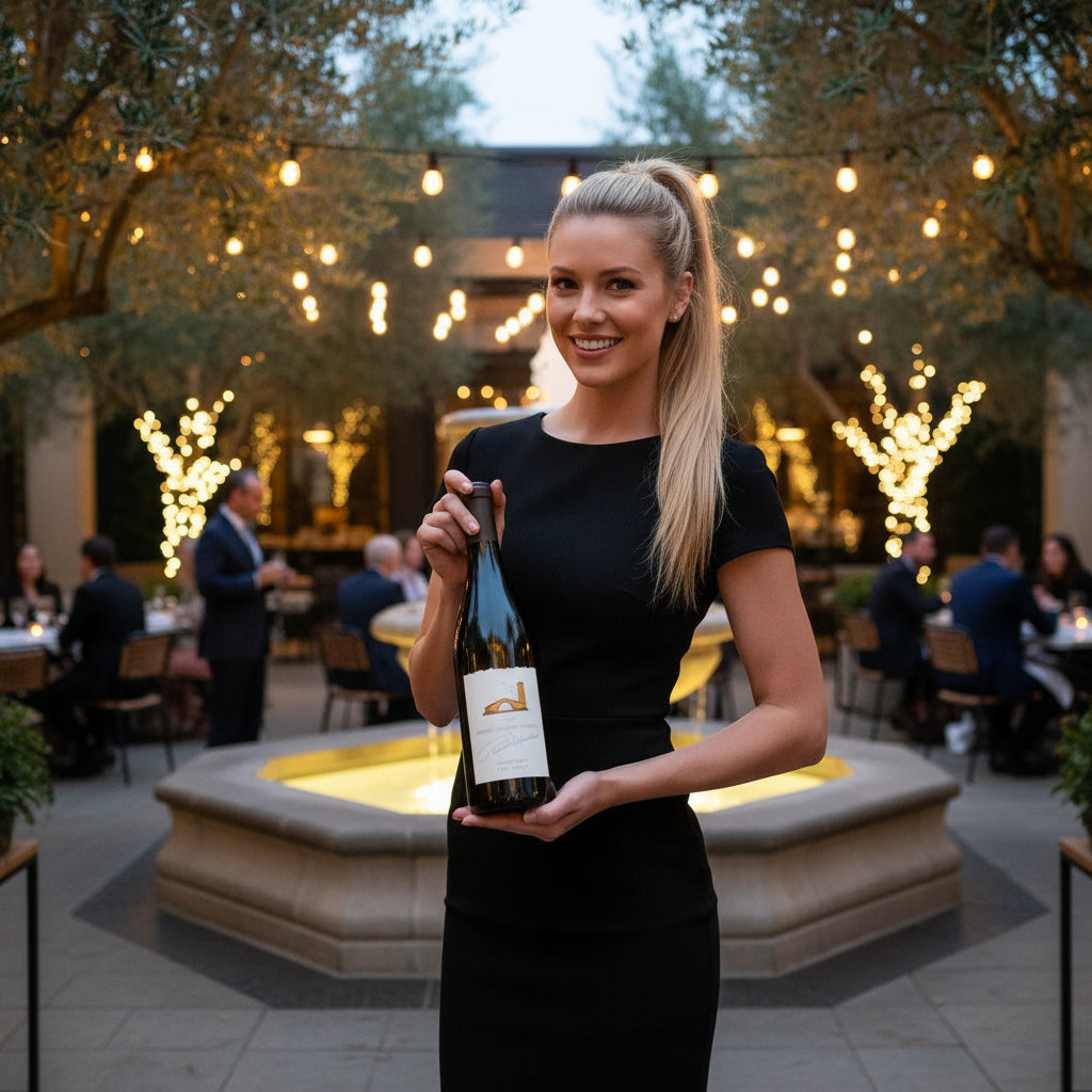 Load image into Gallery viewer, Woman waitress in a black dress holding a bottle of Robert Mondavi Napa Chardonnay white wine in an outdoor setting with string lights and people in the background.